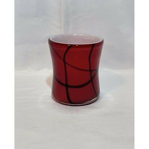 Hand Blown Art Glass Votive Candle Holder Red  Black Veining w/White Interior￼